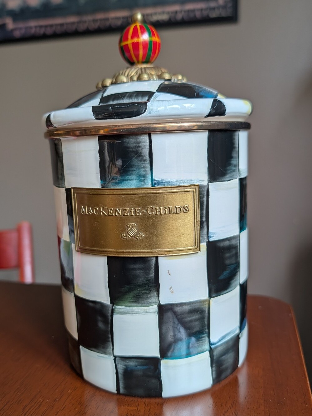 MACKENZIE CHILDS enamelware canister courtly check
